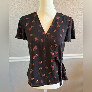 1.STATE Black Floral Wrap Blouse XS Red Ditsy Print Flutter Sleeve Top
